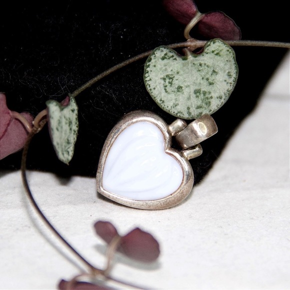 Sterling Jewelry - Sterling Silver 925 Carved White Chalcedony Heart Pendant Necklace Charm